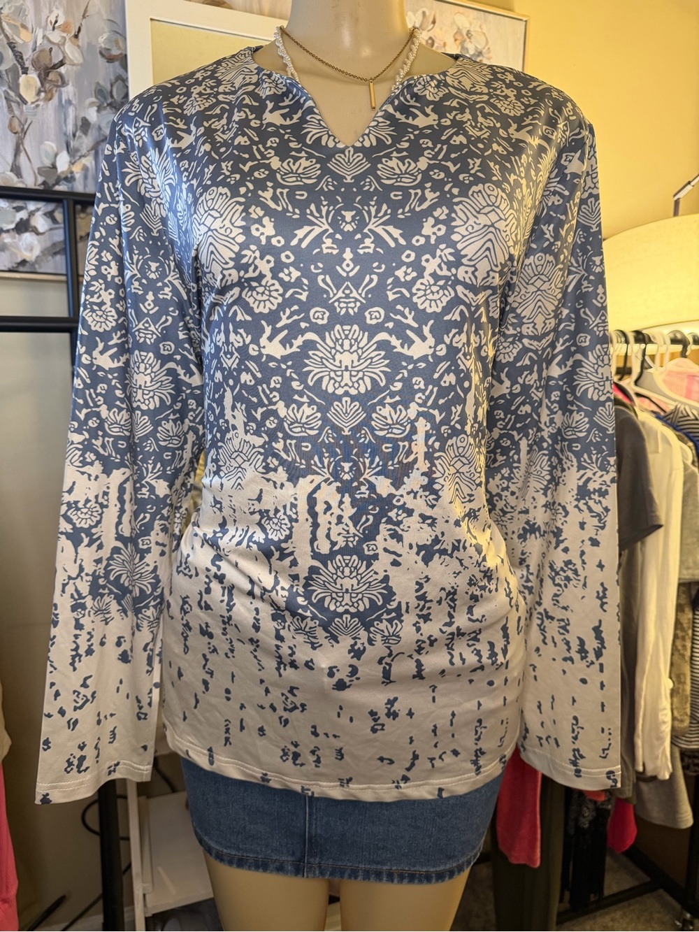 Damask Print Long Sleeve V-Neck Tunic Top Blue Cream Size L